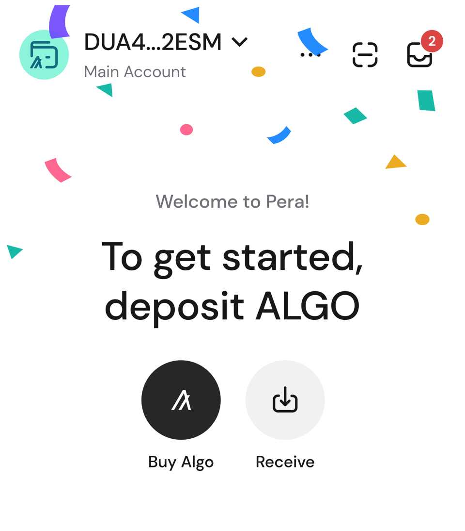 The Pera Wallet home screen right after creating a wallet